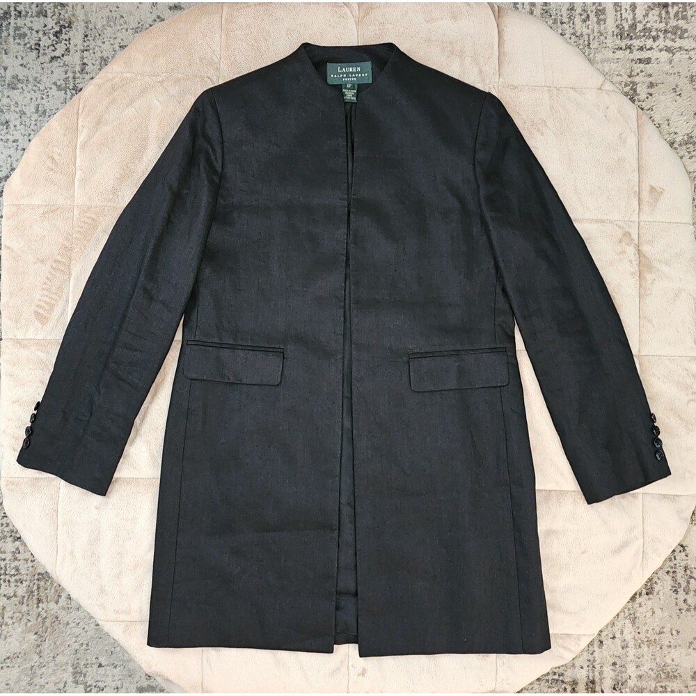 Lauren Ralph Lauren Black Linen Topper Jacket 6P Open Front Collarless Long Coat